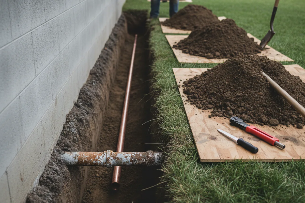 Excavated water line trench during Water Softener Installation in Farmersville